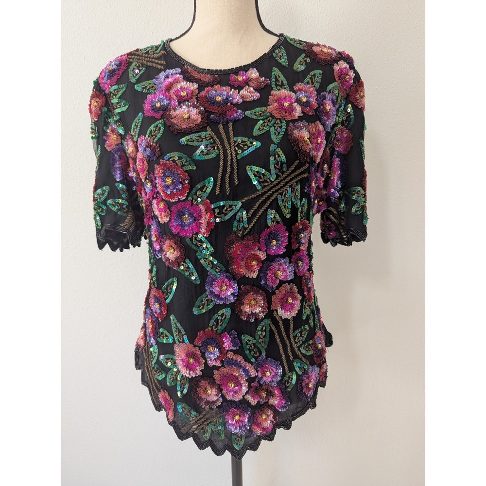 Vintage 80s Laurence Kazar New York Multicolor Silk Floral Sequin Beaded Top L